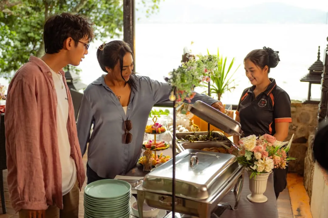 Grilled food and refreshments at the farm, daytime outdoor setting