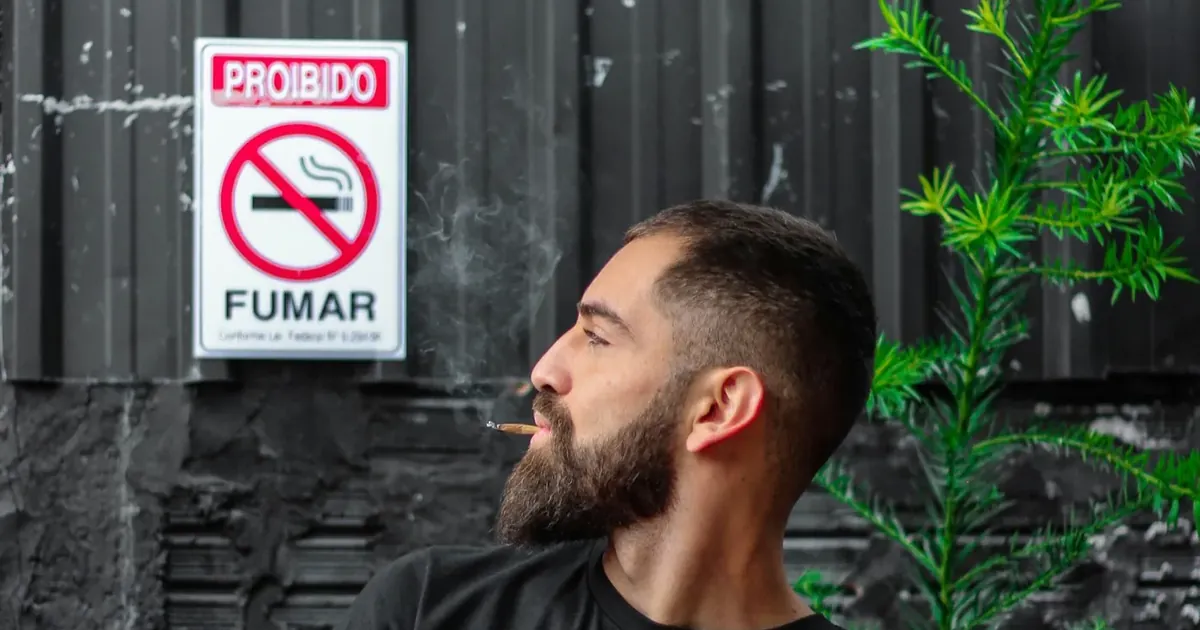 Bearded man beside a no smoking sign on a dark wall, a stand-in for the rules a cannabis business works within