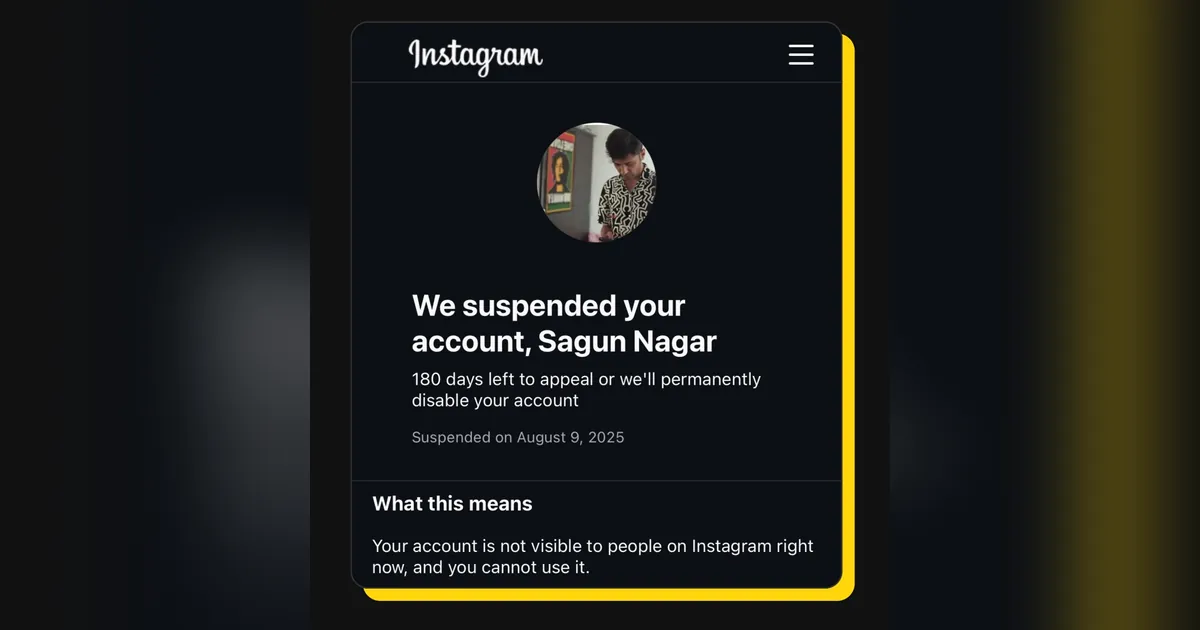 Instagram screen telling the account holder their account is suspended, with 180 days left to appeal
