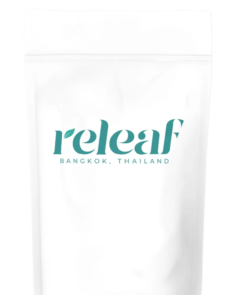 Releaf branded cannabis packaging, Bangkok
