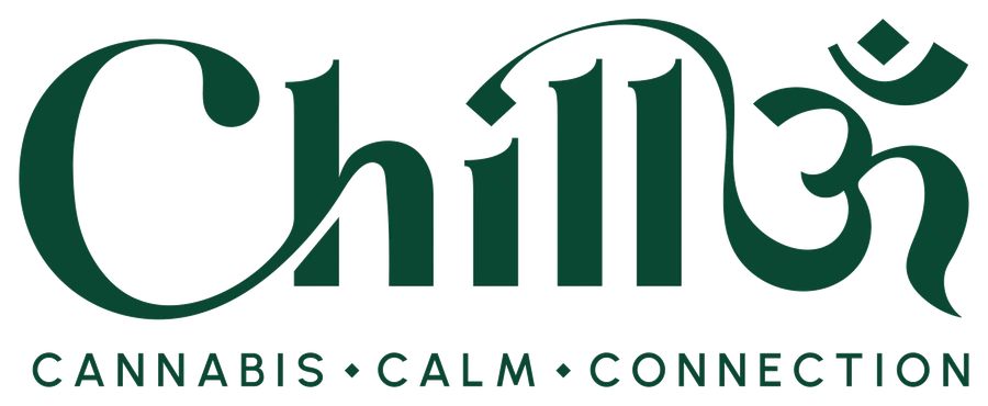 ChillOm wordmark with Cannabis, Calm, Connection, green