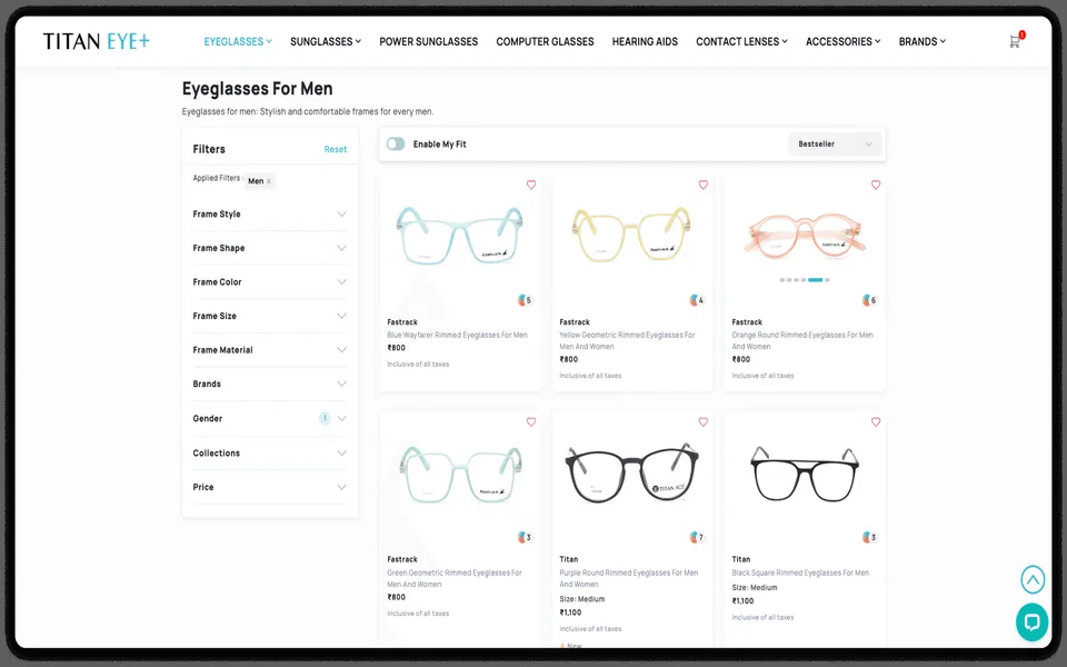 Titan Eyeplus online store, eyeglasses listing page